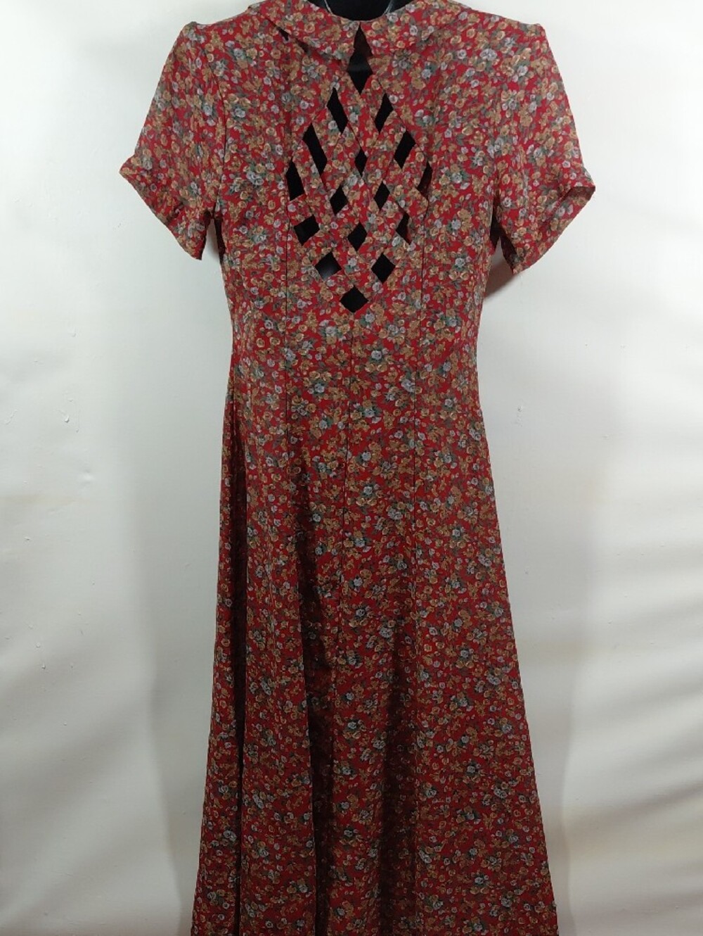 Vintage Joni Blair Women's Button Front Floral Back Cut-Outs Red Midi Dress Sz 5 - Picture 7 of 9